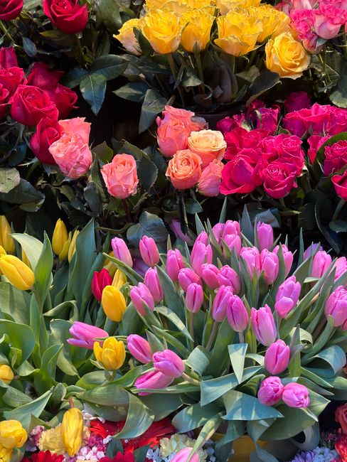 A vibrant display of fresh flowers featuring pink and yellow tulips with long green stems and broad leaves, arranged in a natural, loosely grouped bouquet. The tulips are in full bloom with open petal