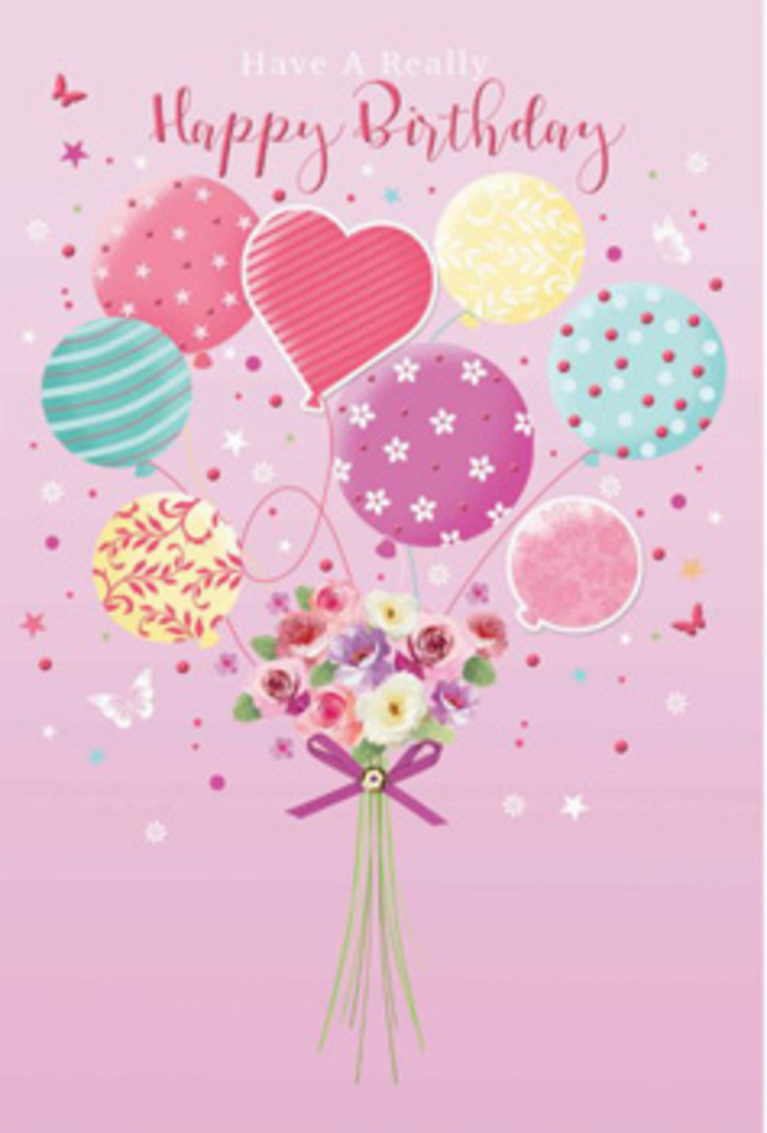 Gentle, storybook-style illustration of a birthday bouquet being carried skyward by pastel balloons, capturing a tender, celebratory mood reminiscent of a quiet afternoon in Hook. The background is a calm, powdery pink that makes the colours in the foreground glow. At the centre, an arrangement of balloons in blush pink, sea-green, lemon yellow, lavender, and light teal bob together, their surfaces glossy and reflective. Each balloon is uniquely decorated-spiralling ribbons that curl like party streamers, scattered polka dots that feel like tiny bursts of laughter, and small floral motifs linking them visually to the bouquet below. Where the strings converge, a compact hand-tied posy gathers roses and daisy-like blossoms, with a few anemone-style flowers adding depth. The petals are softly shaded from creamy ivory through blush to dusty mauve, evoking the look of freshly opened blooms in a Hook garden after a light shower. A purple satin bow hugs the stems together, its sheen catching an imaginary light as though the flowers have just been arranged by a skilled local florist. Scattered around the main bouquet, miniature stars and fluttering butterflies drift, adding a playful, magical energy, as if the whole arrangement is gently rising above the treetops near King John's Road. The composition conveys a birthday greeting that is both whimsical and refined-like receiving a real bouquet in Hook, full of pastel charm, imagined fragrance, and the unmistakable feeling of being celebrated.