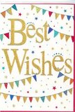 This "Best Wishes" card radiates an easy, joyful charm, as if it has captured the feel of a small community celebration in Hook and set it against a crisp white sky. The background is pure and uncluttered, a bright canvas that lets every colourful detail shine. In the centre, the words "Best Wishes" are written in wide, flowing gold script, their surfaces slightly embossed and sprinkled with a fine glitter that lends them a soft sparkle, recalling the twinkle of fairy lights at an evening gathering just off Hook's High Street. The calligraphy has a friendly elegance, with gentle loops and curves that make the message feel warm and personal. Arched above and below the gold words, delicate strings of bunting run across the card, their triangular flags painted in lively shades of blue, red, green, yellow, and pink. Some flags are neatly striped, others dotted or decorated with tiny geometric designs, giving the impression of a lovingly hand-crafted decoration, like bunting strung between hedgerows for a village fête near Rotherwick or North Warnborough. Sprinkled between the bunting and lettering are tiny stars and dots in matching colours, scattered as though a handful of confetti has just been thrown and caught midair. The layout remains airy, with generous white space ensuring the design feels modern and refined rather than busy. It's easy to picture this card tucked into a fresh bouquet ordered from a local Hook florist for a graduation, house move, or promotion across RG27. The overall feeling is one of shared happiness and encouragement, a bright, uplifting way to say you're proud and wishing someone every success.