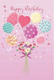Dreamy birthday card design where a pastel balloon cluster and a charming hand-tied bouquet share the spotlight, rendered with a light, joyful touch that feels at home in Hook's friendly streets. The scene floats on a soft pink backdrop, as tranquil as an early morning sky above the village. A group of balloons in shades of rose, mint, lemon, lavender, and aquamarine rises at the centre, their surfaces shining as if catching sunlight. Each one carries its own decorative flourish-candy-striped bands twisting around, scattered polka dots creating a sense of play, and floral details that link seamlessly to the flowers below. Tied to the base of their strings is a small, lush bouquet of cream and blush roses, daisy-like blooms, and anemone-style flowers in gentle mauve. The petals are layered and slightly ruffled, giving the impression of soft texture and freshly cut stems, as though prepared moments ago in a local workshop near Hook's main parade. A violet satin bow gathers the stems, the knot neat and polished. Around the main image, tiny stars and delicate butterflies flutter like confetti, enhancing the fairy-tale feeling. Together, the balloons and bouquet create the impression of a birthday wish lifting into the air-a visual echo of a real bouquet being delivered across Hook, bringing pastel colour, imagined sweet fragrance, and an unmistakable sense of joy to someone's special day.