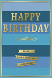 This birthday card captures a gentle, composed elegance using a palette of layered blues and subtle gold, ideal for a relaxed celebration in Hook. The background is built from broad, horizontal stripes, each one a distinct shade of blue, moving from rich navy and mid-blue through soft teal to a light, airy sky blue. The layered colours evoke the feeling of open Hook skies and quiet rural vistas, giving the card a soothing, expansive quality. Across the center, the message "HAPPY BIRTHDAY" is embossed in large, uppercase gold lettering. The gold foil is clean and polished, reflecting light with a soft, warm sheen that suggests both care and celebration without overwhelming the calm blue backdrop. Immediately below, a decorative gold flourish curves gracefully from side to side, adding a nod to classic stationery design and echoing the kind of thoughtful detail you might expect from a well-chosen card in a local RG27 shop. Under this flourish, three narrow gold banners are lined up in an orderly stack. On them, in simple, clear text, the sentiment unfolds: "Relax, have a great day and enjoy!" These banners reinforce the card's horizontal rhythm, leading the eye gently downward. A fine gold frame runs along the card's edges, enclosing the design and giving it a finished, almost keepsake quality. The card stock appears smooth and weighty, with the raised gold elements inviting touch. Picture it propped beside a small jug of fresh birthday flowers delivered around Hook, quietly brightening a kitchen table or living room shelf with its measured, heartfelt charm.